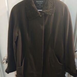 Donnybrook Dark Brown Wool Pea Coat with Leopard-Print Collar